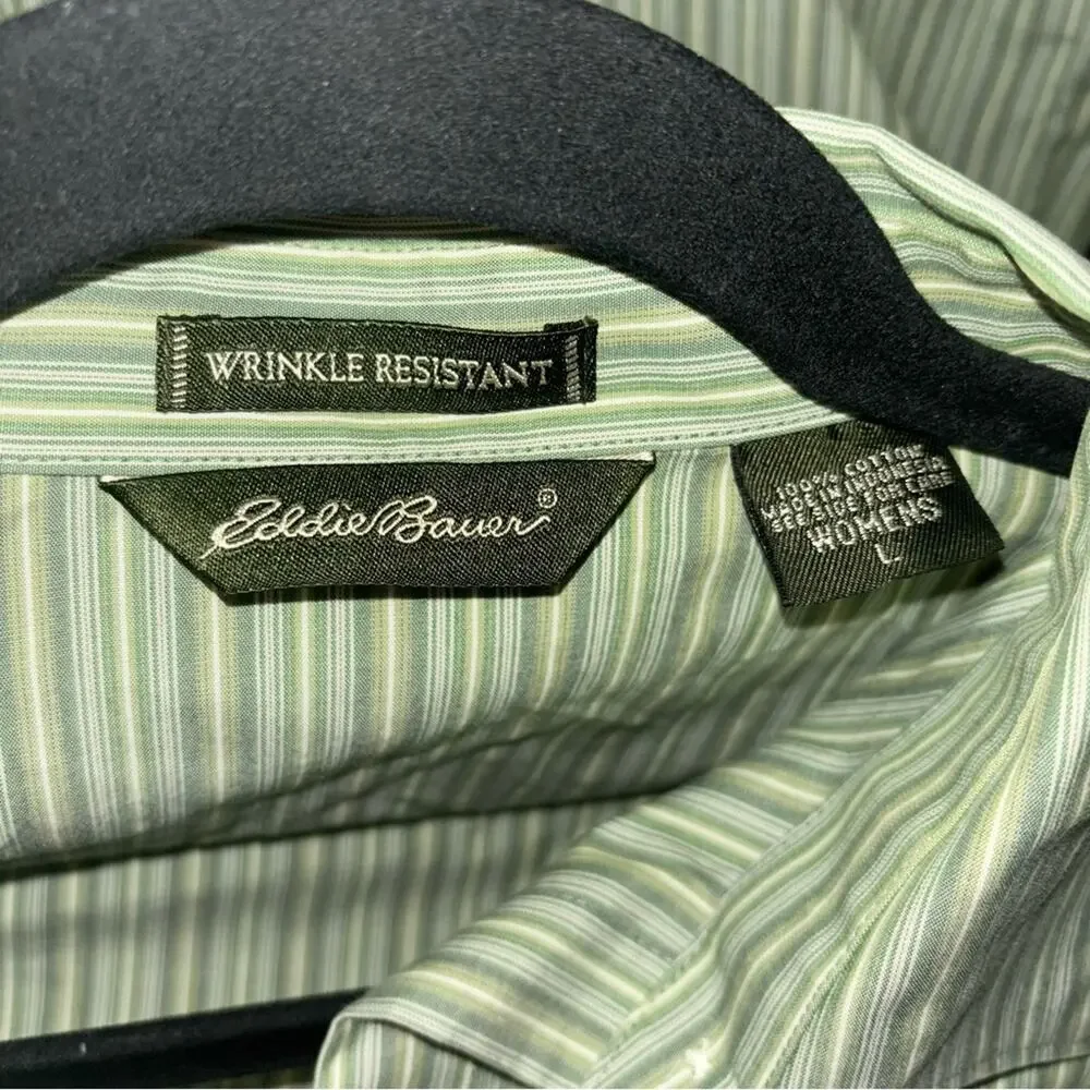 Eddie Bauer button up Woman's size Large 100% Cotton Striped green